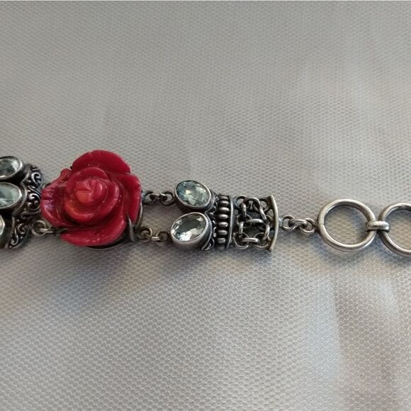 VINTAGE 925 Silver Bracelet with 10 TOPAZ and 3 Red Roses Toggle Closure - Picture 11 of 13